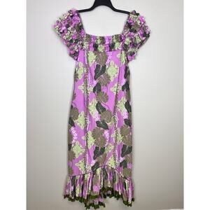 T&L MUUMUU FACTORY Purple Tropical Ruffle MuuMuu Dress Size L 11/12